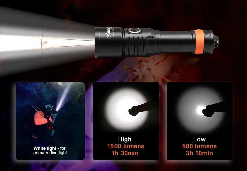 OrcaTorch D530 Scuba Diver Lamp Cold White 1500 Lumens for divers 8 Degree Super Focus Beam Angle SOS 18650 Battery