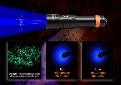 OrcaTorch D530 1300 Lumens Dive Light for divers 8 Degree Super Focus Beam Angle 18650 Battery