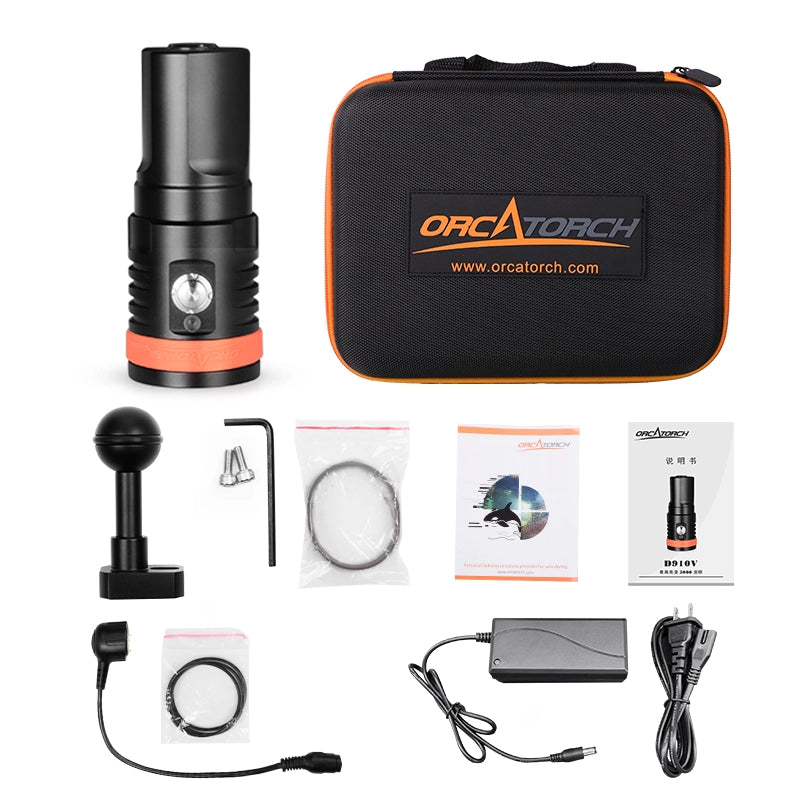 OrcaTorch D910V Underwater Video Light Package and Accessories