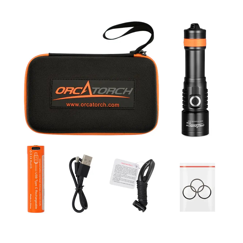 OrcaTorch D530 1500 Lumens Small Dive Light, 8° Beam, SOS, What's in the box
