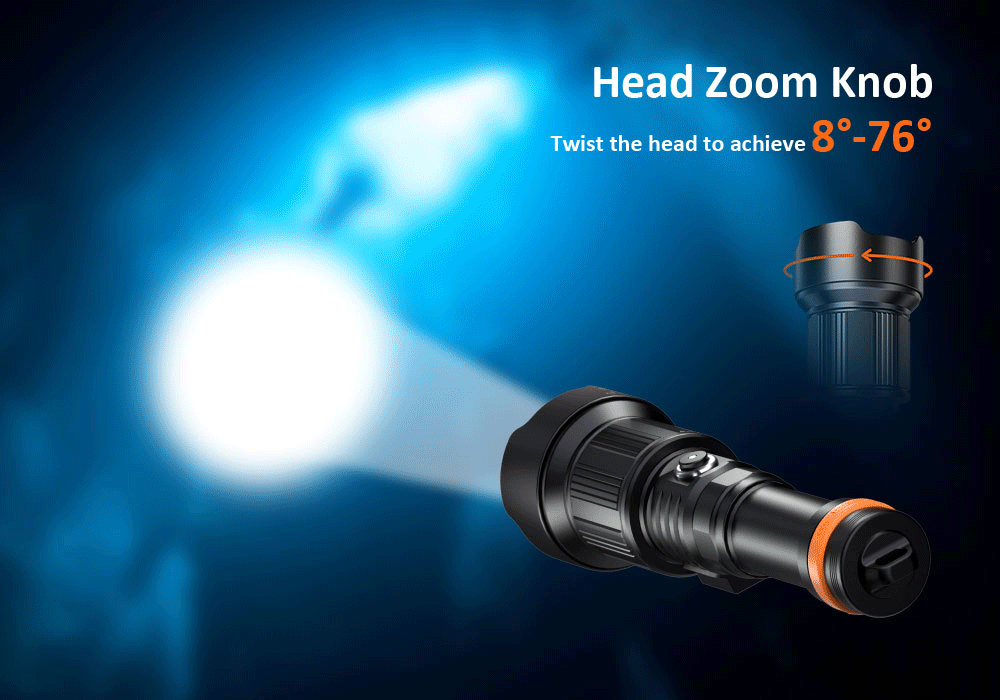 OrcaTorch ZD710 Max 2700 Lumens Adjustable Beam Angle Dive Light with 21700 USB-C Rechargeable Battery