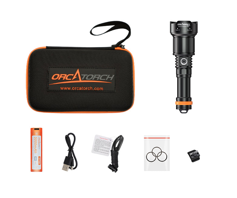 OrcaTorch ZD710 Max 2700 Lumens Adjustable Beam Angle Dive Light with 21700 USB-C Rechargeable Battery